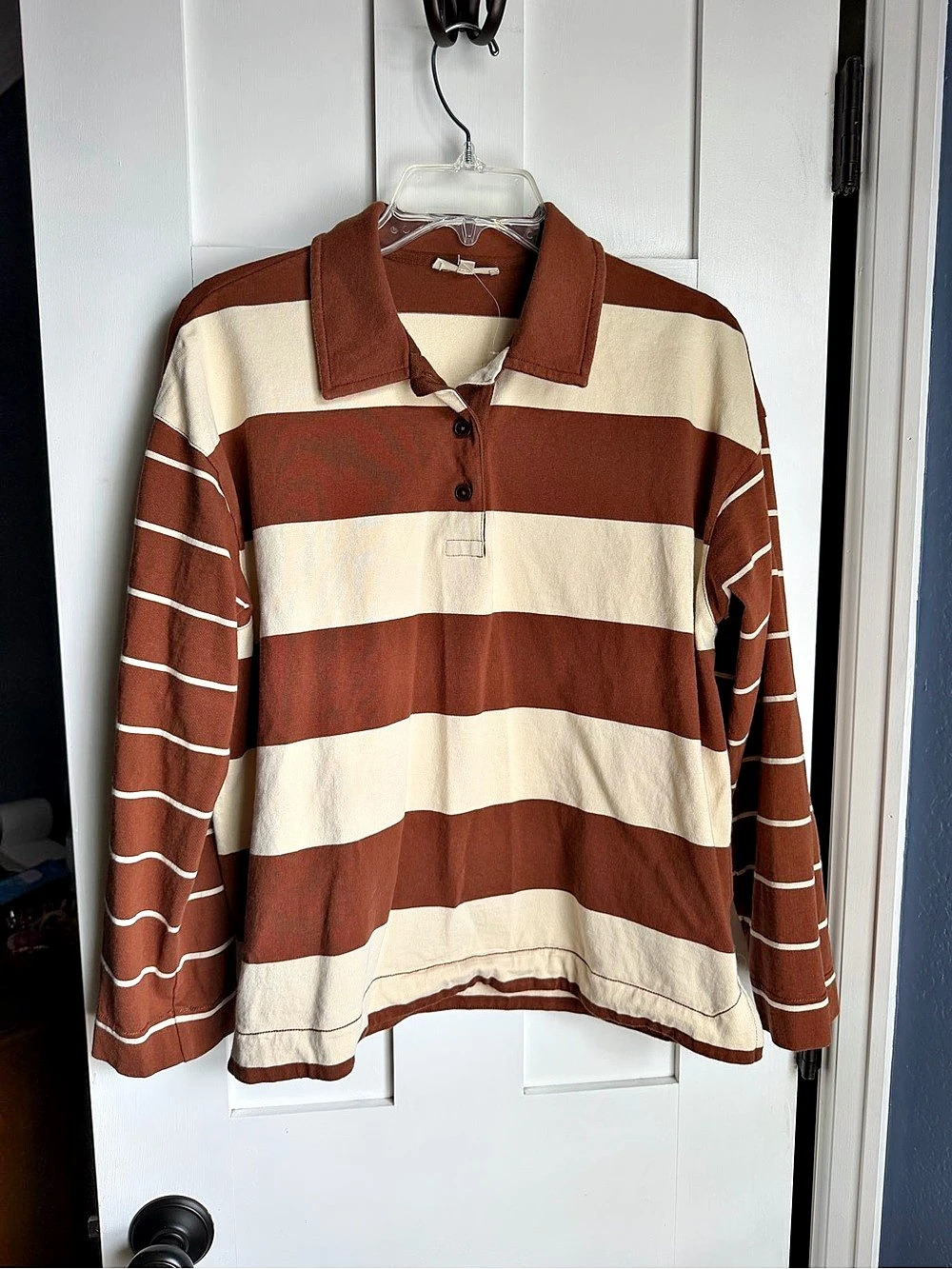Madewell Hannah Rugby Shirt Striped Long Sleeve Polo Brown & Cream Medium